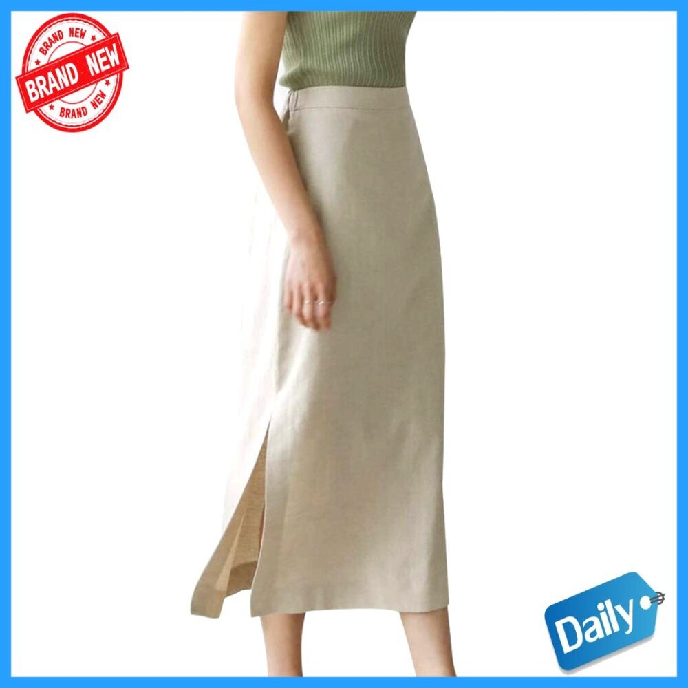 High Waisted Straight Linen Midi Skirt with Slit Casual Wear